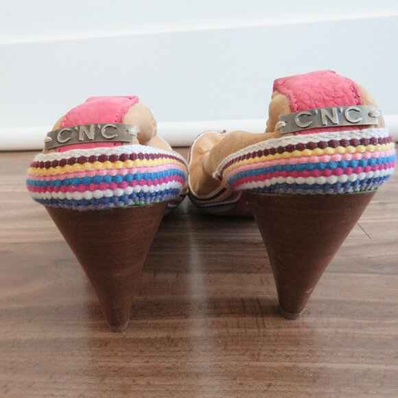 C.N.C COSTUME NATIONAL Tan Leather Boho Crochet Heeled Slip On Shoes - Size 9.5 - Picture 7 of 16